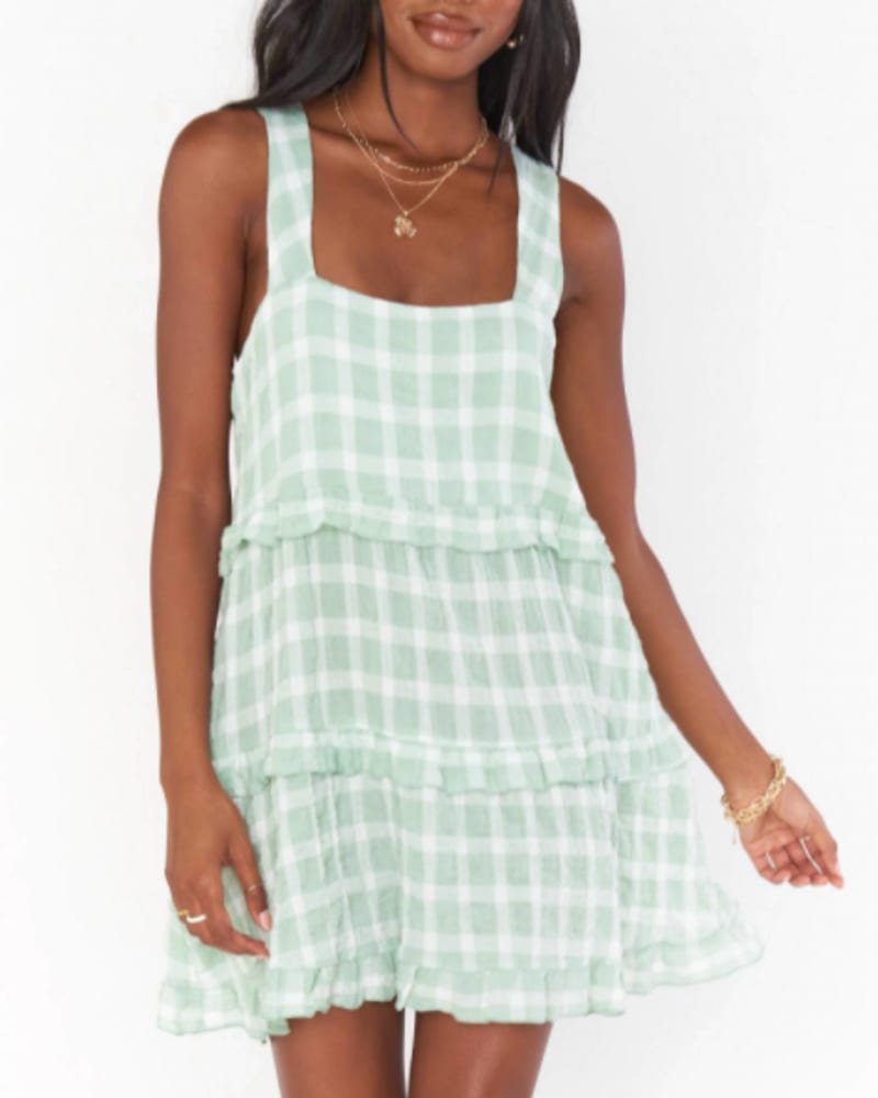 Front of a model wearing a size L Napa Mini Dress in Green Plaid in Green Plaid by Show Me Your Mumu. | dia_product_style_image_id:335923